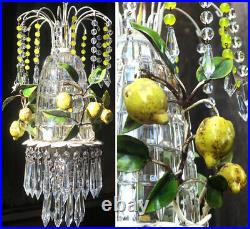 Vintage Toleware Shabby Lemon Chandelier Swag Lamp tole CRYSTAL Opaline beads