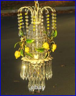Vintage Toleware Shabby Lemon Chandelier Swag Lamp tole CRYSTAL Opaline beads