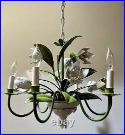 Vintage Toleware Tole Enamel Floral Chandelier Hanging Lamp Fixture Green White