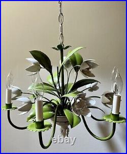Vintage Toleware Tole Enamel Floral Chandelier Hanging Lamp Fixture Green White