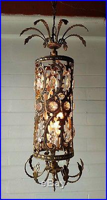 Vintage Tudor Spanish Revival Chandelier Antique Hanging Swag Lamp with Crystals
