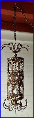 Vintage Tudor Spanish Revival Chandelier Antique Hanging Swag Lamp with Crystals