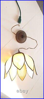 Vintage Tulip 8 Petal Flower Amber Slag Glass Beaded Hanging Ceiling Light Lamp