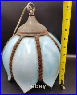 Vintage Tulip Slag Glass Hanging Lamp Blue Petal Lamp Light. Untested Read
