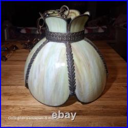 Vintage Tulip Slag Glass Hanging Lamp Green 8 Petal MCM Swag Lamp Light