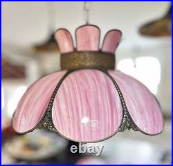 Vintage Tulip Slag Glass Hanging Lamp Pink 8 Petal MCM Swag Lamp Light