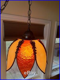 Vintage Tulip Stained Glass Ceiling Hanging Swag Lamp Light