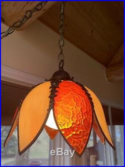 Vintage Tulip Stained Glass Ceiling Hanging Swag Lamp Light