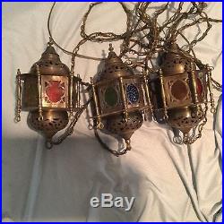 Vintage Turkish Hanging Lamp Lights Lanterns Multi-Colored Glass Moroccan