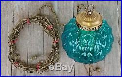 Vintage Turquoise Blue Glass Quilted Shade Hanging Swag Lamp 3 Way Light