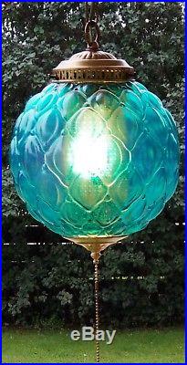 Vintage Turquoise Blue Glass Quilted Shade Hanging Swag Lamp 3 Way Light