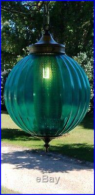 Vintage Turquoise Blue Glass Ribbed Shade Hanging Swag Lamp Light