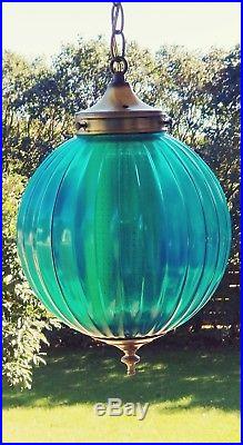 Vintage Turquoise Blue Glass Ribbed Shade Hanging Swag Lamp Light