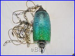 Vintage Turquoise/Green Glass Cylinder Hanging Swag Lamp