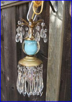 Vintage Turquoise aqua blue glass globe tole Brass SWAG lamp lantern chandelier