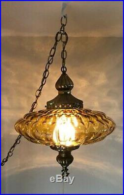 Vintage UFO Hanging Swag Lamp Amber Colored Glass Globe MCM Orb