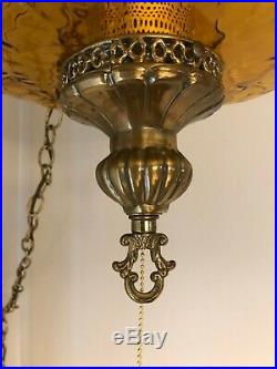 Vintage UFO Hanging Swag Lamp Amber Colored Glass Globe MCM Orb