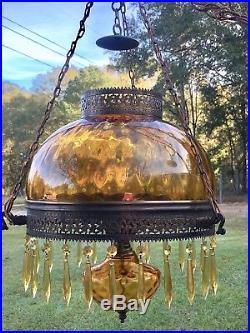 Vintage Underwriters Laboratories Amber Glass Brass 32 Hanging Lamp With Prisms
