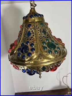 Vintage Underwriters Laboratories Jewel Gold Hanging Lamp Fixture Light RARE Set