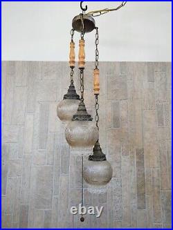 Vintage Unique Mid-century Modern 3 Globe Glass Wood Swag Hanging Lamp Light