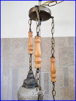 Vintage Unique Mid-century Modern 3 Globe Glass Wood Swag Hanging Lamp Light