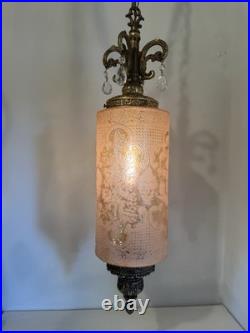 Vintage Unique Rare Hanging Swag Lamp Etched Glass Birds, Flowers Intricate