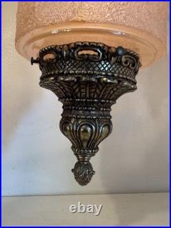 Vintage Unique Rare Hanging Swag Lamp Etched Glass Birds, Flowers Intricate