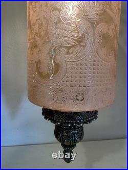 Vintage Unique Rare Hanging Swag Lamp Etched Glass Birds, Flowers Intricate