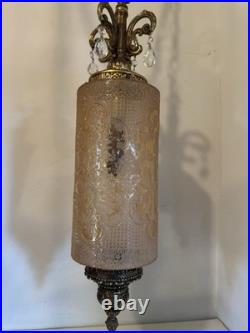 Vintage Unique Rare Hanging Swag Lamp Etched Glass Birds, Flowers Intricate