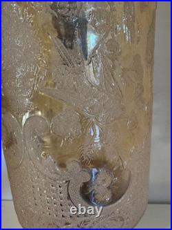 Vintage Unique Rare Hanging Swag Lamp Etched Glass Birds, Flowers Intricate