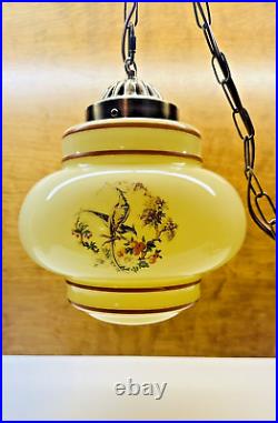Vintage Uranium Opaline Glass Pheasant Pattern Hanging Swag Lamp 10 Diameter
