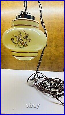 Vintage Uranium Opaline Glass Pheasant Pattern Hanging Swag Lamp 10 Diameter