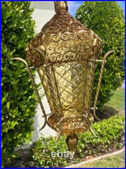 Vintage Venetian Blown Glass Hanging Pendant Lamp, Amber Glass with Gold Frame