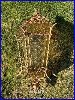 Vintage Venetian Blown Glass Hanging Pendant Lamp, Amber Glass with Gold Frame