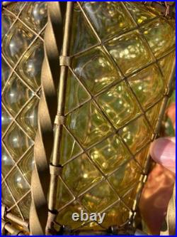 Vintage Venetian Blown Glass Hanging Pendant Lamp, Amber Glass with Gold Frame