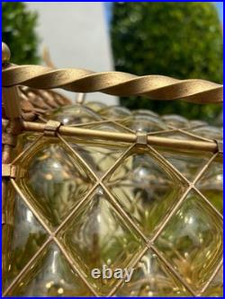 Vintage Venetian Blown Glass Hanging Pendant Lamp, Amber Glass with Gold Frame
