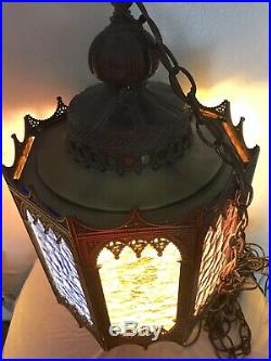 Vintage Victorian Brass Swag Hanging Pendant Lamp Lantern Stained Glass