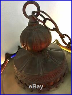Vintage Victorian Brass Swag Hanging Pendant Lamp Lantern Stained Glass