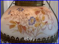 Vintage Victorian Crystal Hanging Brass Floral Parlor Kerosene or Oil Lamp