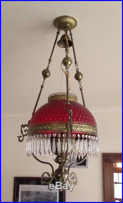 Vintage Victorian Hanging Kerosene Lamp early 1900s hobnail light oil brass