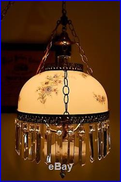 Vintage Victorian Style Hanging Parlor Lamp With Prisms And Floral Shade