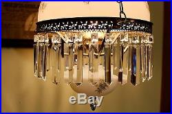 Vintage Victorian Style Hanging Parlor Lamp With Prisms And Floral Shade