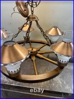 Vintage Western Wagon Wheel Hanging Lamp 24 In. Wide With5 Lights Great Cond