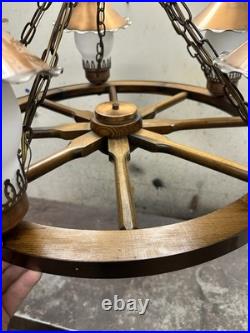Vintage Western Wagon Wheel Hanging Lamp 24 In. Wide With5 Lights Great Cond