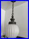 Vintage White Frosted Ribbed Glass Globe Pendant Ceiling Light Metal Chain
