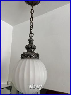 Vintage White Frosted Ribbed Glass Globe Pendant Ceiling Light Metal Chain