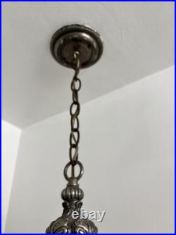 Vintage White Frosted Ribbed Glass Globe Pendant Ceiling Light Metal Chain