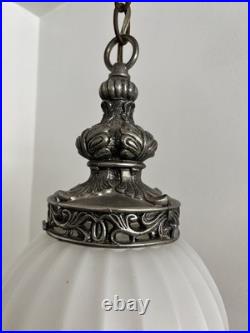 Vintage White Frosted Ribbed Glass Globe Pendant Ceiling Light Metal Chain
