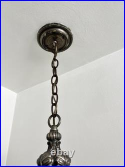 Vintage White Frosted Ribbed Glass Globe Pendant Ceiling Light Metal Chain