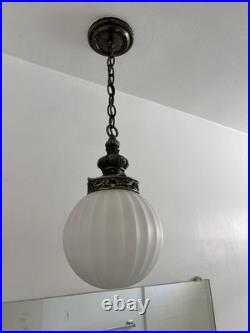 Vintage White Frosted Ribbed Glass Globe Pendant Ceiling Light Metal Chain